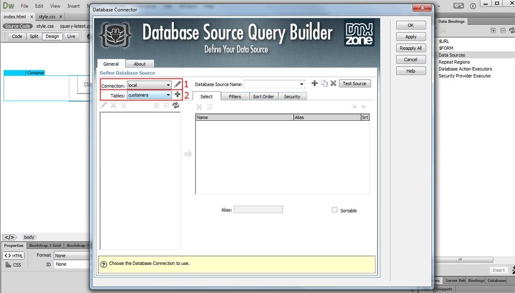 3. In the Database Connector window, select your database connection or create one if you haven t done this already (1).