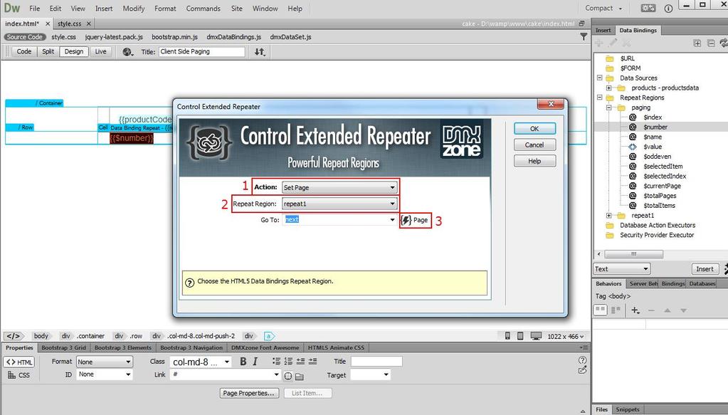 18. In Control Extended Repeater window, select set page (1), select the repeat region