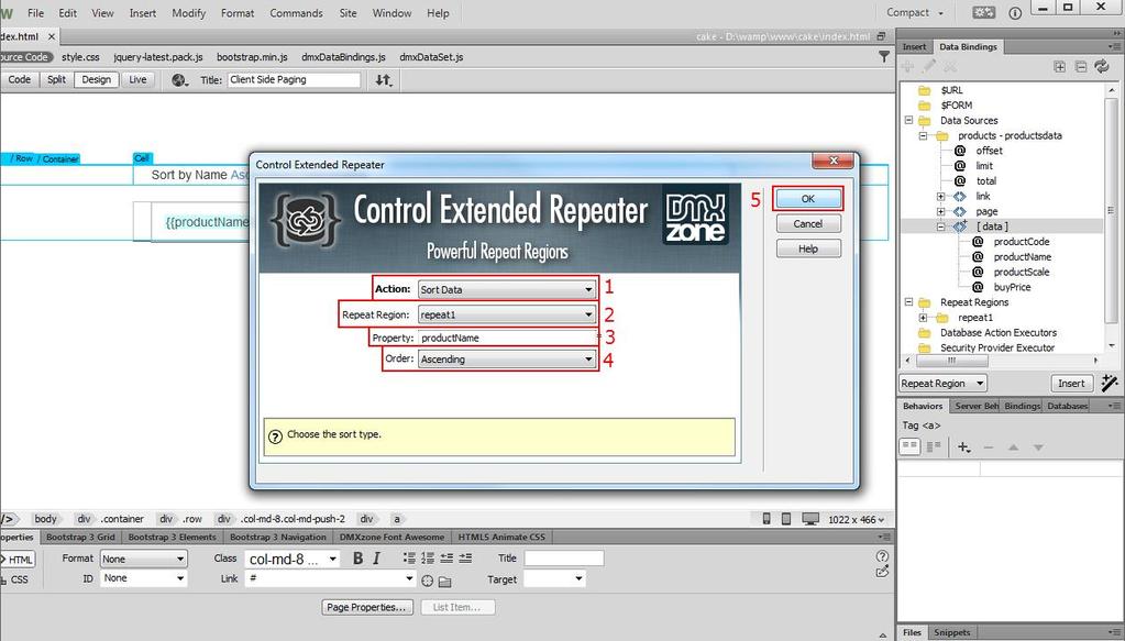3. In the Control Extended Repeater window, select sort data item from the action menu (1) choose the repeat region on your page that you want to sort (2) and enter the property that you want to sort