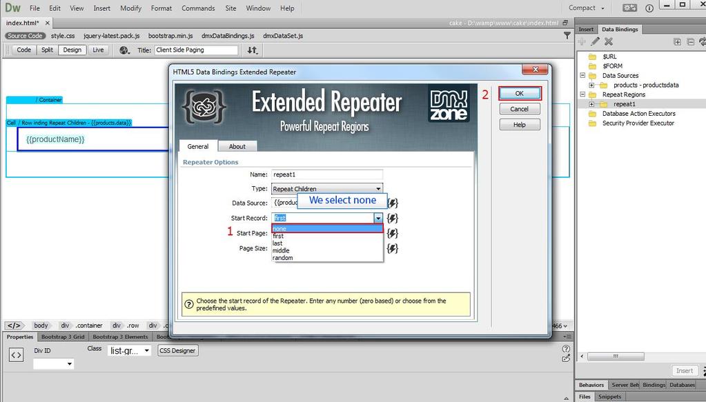 2. In the HTML5 Data Bindings Extended Repeater window, open the