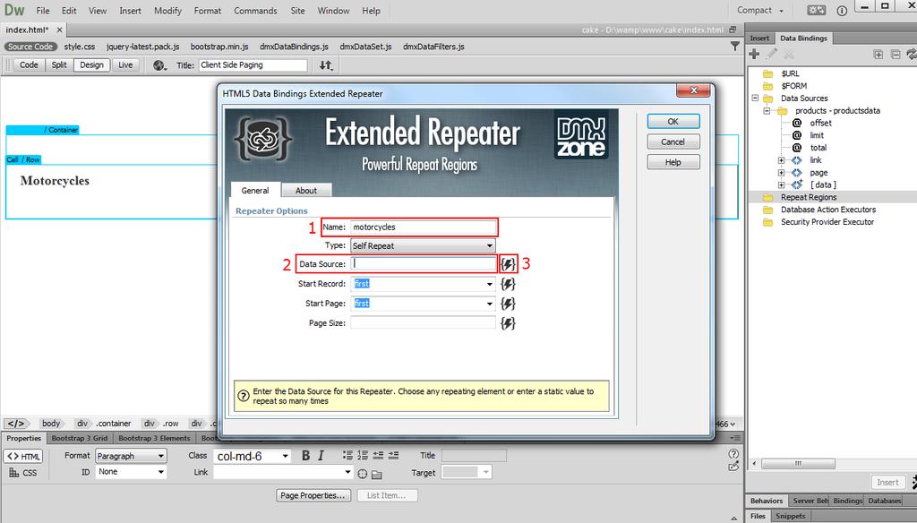 2. In the HTML5 Data Bindings Extended Repeater window, add a name for the repeater