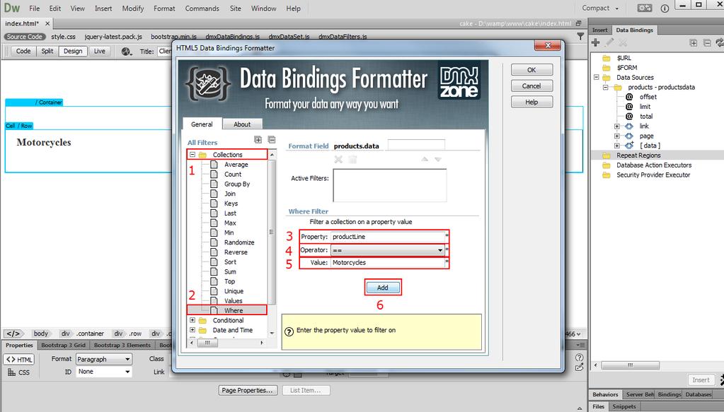 4. In the HTML5 Data Bindings Formatter window, select collections (1) and choose where filter (2).
