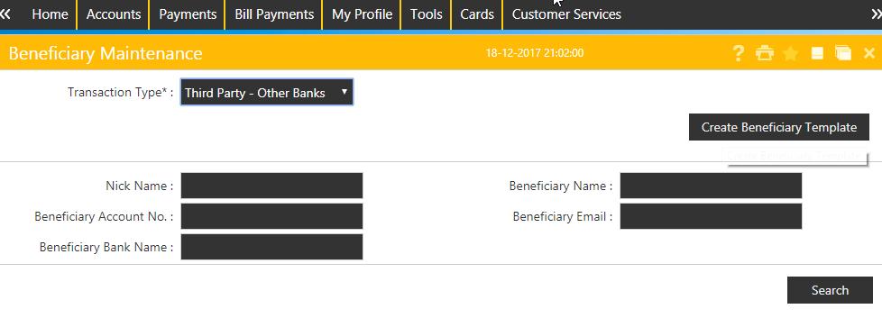 Add Third Party Other Bank Account Select Third Party-Other Banks for Transaction