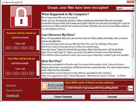 WannaCry Ransomware timeline March 14th April14th April 24th May 10th May 12th Microsoft releases patch for vulnerability in Windows SMB protocol CVE-2017-0144 An exploit of this vulnerability