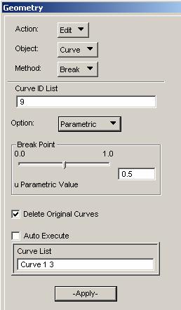 Step 20. Create Curves to be Used for Creating Surfaces (Cont.) Break curves again to obtain all needed curves. a. Geometry: Edit/Curve/Break. b. Set the Option to Parametric.