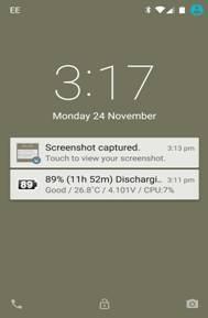 LOCK SCREEN The battery status, WiFi, and mobile signal strengths are generally shown at the top right of the screen on the notification panel.