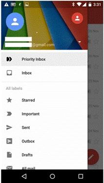 SCREEN 4 - GMAIL - FOLDER MENU Repeatedly clicking on the people icon, top far left, will, alternately open your main settings and account settings menu.