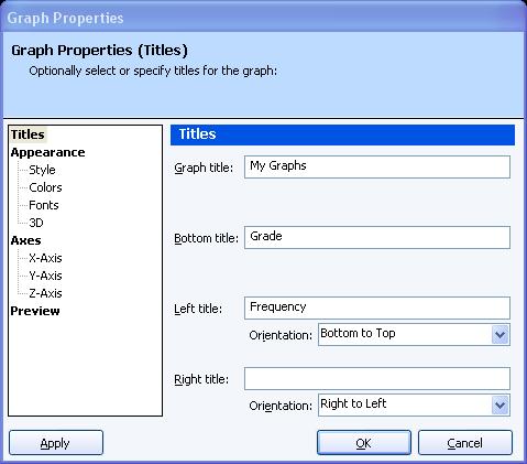 Remark Quick Stats User's Guide 5 Make the desired changes (see below) and then click the OK button. The Graph Properties window has three sections that can be configured: Titles, Appearance and Axes.