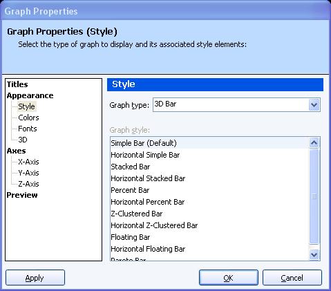 Preferences and Properties 4.3.2 Appearance The Appearance section allows you to customize the appearance of the graph, including graph type, style, colors, etc.