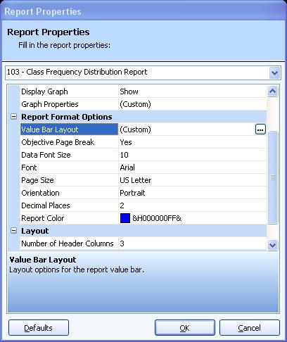 Preferences and Properties 4.3.5 Value Bar Layout s that display a value bar (horizontal bar chart) can have the value bar modified. To access graph properties 1 Run the report you wish to customize.