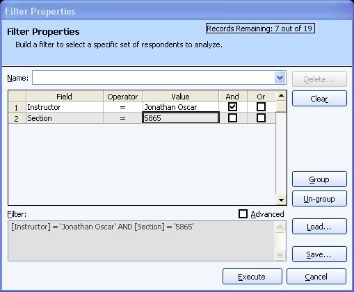 Remark Quick Stats User's Guide Option Group Un-group Filter Save Load Execute Cancel Meaning Allows you to group parameters together to enhance the logic of the filter.