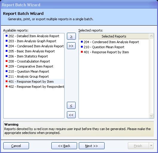 Working with Your Data 7 Choose the reports you wish to run for each filter. Double click a report to select it, or use the Add button to move it to the Selected s box.