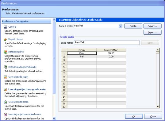 Remark Quick Stats User's Guide To create a new grade scale 1 Type a name in the Name box. 2 Enter the appropriate values for Grade and Percent (Min) the grid. 3 Click the Save button.