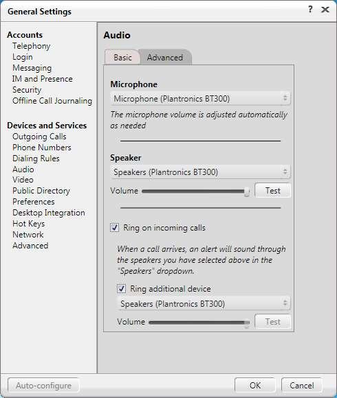 In the General Settings window, navigate to Devices and Services Audio and then select the Basic tab as shown below.