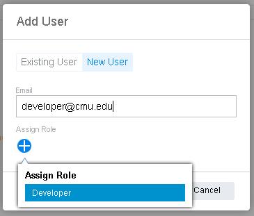 E. Enter in the users email address. Then click the blue + icon under the Assign Role section and select the Developer role: F. Click the Save button to send an email invite to the user: G.