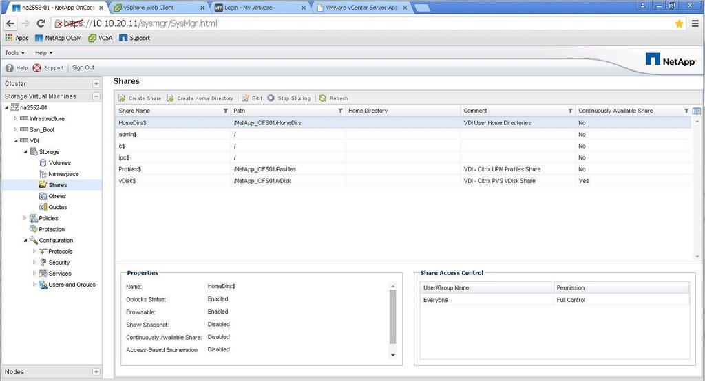 2. In System Manager, expand the SVM menu and select Storage > Shares.