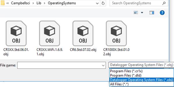 7. Ensure Datalogger Operating System Files (*.obj) is selected in the files of type list, select the new OS.obj file, and click Open to update the OS on the datalogger.