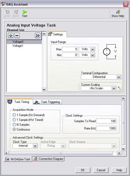 12 Figure 9. VI Logger analog input voltage task menu Triggering allows data collection based on some voltage threshold or digit input value. Trigger Type determines the type of trigger to be used.