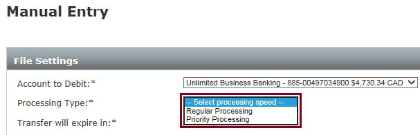 5. Select the desired Processing Type. Tip: See the Processing for bulk files section in this document for more information on Interac s processing options. 6.