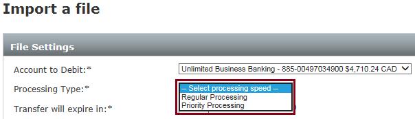 4. Select the desired Processing Type. Tip: See the Processing for bulk files section in this document for more information on Interac s processing options. 5.