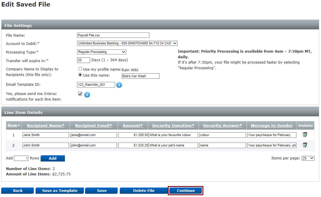 13. Click Continue to return to the Confirm import details screen where you can submit the file