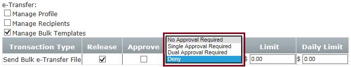 8. To require approval from another user for bulk files created this by user role, select an available option under Approval.