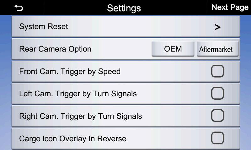 Interface Settings Settings Continued: Left Cam. Trigger by Turn Signals: When checked, the camera plugged into LEFT will display on the screen when the left turn signal is activated. Right Cam.