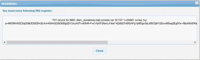 The domain key will be generated and the same must be entered in the DNS register for authenticating the domain.