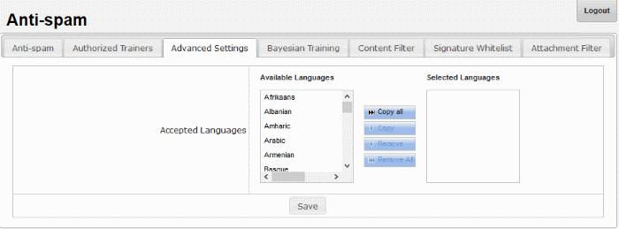5.1.3 Advanced Anti-spam Settings The 'Advanced Settings' screen enables you to configure language settings.