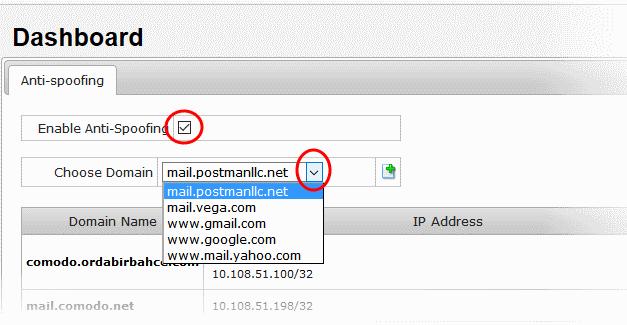 Delete a domain name from the list Export the list of IP addresses To add an IP range for a domain Select the 'Enable Anti-Spoofing'