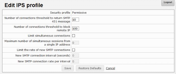 To edit the parameters of a security profile Click the button under the 'Edit' column in a security profile row that you want to edit. The 'Edit IPS profile' screen will be displayed.