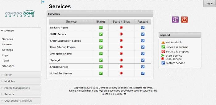 Services: Allows you to start or stop various services such as delivery agent, SMTP, Snmpd, scheduler and more. Refer to the section 'Services' for more details.