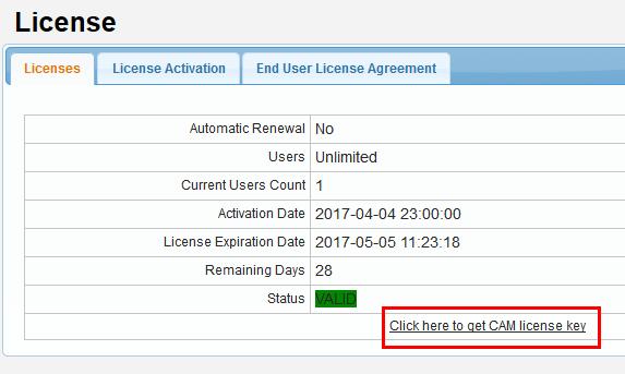 CAM Activation Date Date when the license was activated. CAM License Expiration Date when the license expires. Date Remaining Days Number of days left before the license expires.