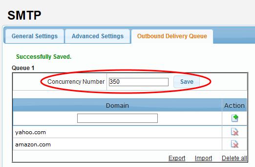 To set the number of emails that can be sent at a time, enter the number in the 'Concurrency Number' field and click the 'Save' button.