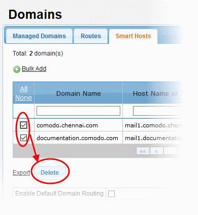 To delete 'Smart Host' routes, select the check boxes beside them and click the 'Delete' button at the bottom.