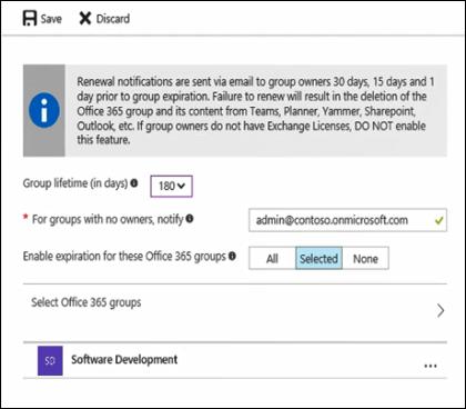 Group Expiration Requires Azure Active Directory (AAD) Premium Administrator can specify expiration period 180, 365 or custom number of days Group owner will get