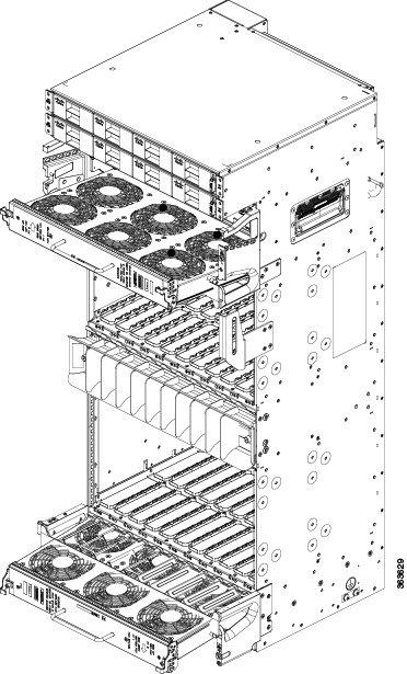 Performing Online Insertion and Removal of Fan Tray Figure 20: Upper and Lower Fan Trays Inserted into Chassis Step 4 Step 5 Check the ejector engagement to be sure it is correct.