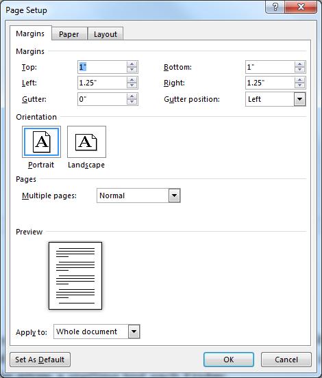 Margins On the Ribbon, click on the Page Layout tab. In the Page Setup group, click on Margins and choose the desired option from the list OR click on Custom Margins at the bottom.