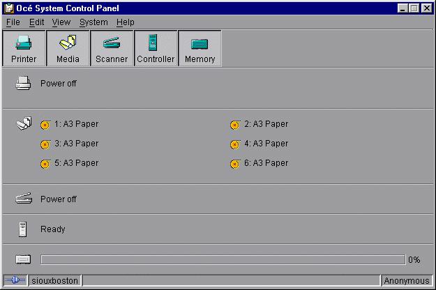 The following are displayed below the Océ System Control Panel main window: Access Interrupt to Page job Access to ial [68] Océ System Control Panel window Icons The Océ TDS800 Océ System Control