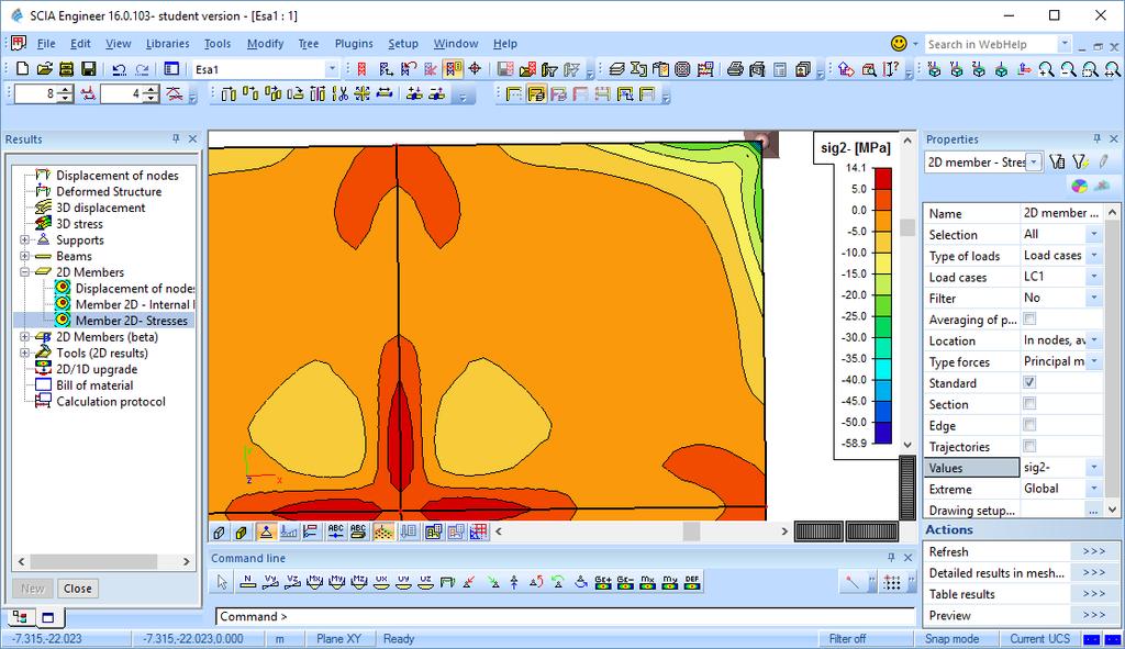 Smallest principal stress in the top of the shell. Minus refers to the surface on the negative side of the local z axis.