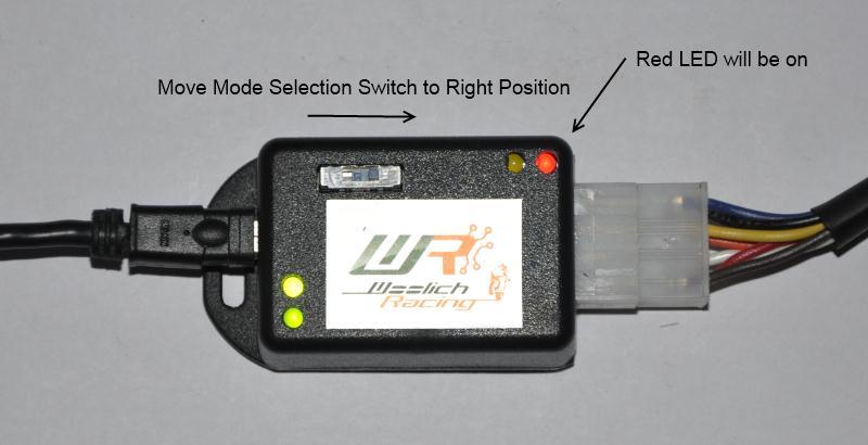 5) ECU Flashing Mode To select ECU Flashing Mode, move the mode selection switch to the right position. When in ECU Flashing Mode the Red LED will be on.