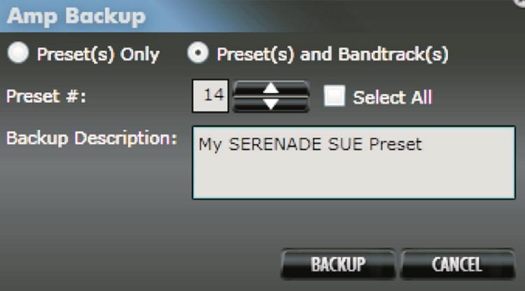 Please note that backup of band tracks is not available on Mac OS X computers. C. ONE OR ALL PRESETS Choose just one preset number to backup or "SELECT ALL" to backup all presets on the G-DEC 3. D.