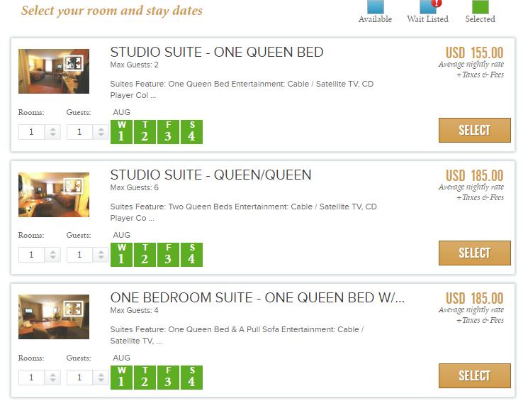 Choose the hotel you wish to book and click SELECT. All available room types for the selected hotel will be displayed.