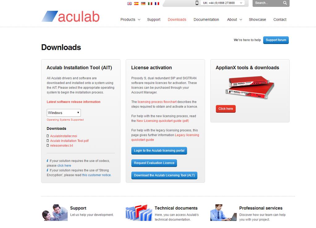 A link to login to the licensing system and other useful licensing system links are included on the downloads section of the main Aculab website.