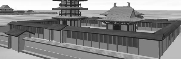 15 An automatically generated 3D urban model A building with a hipped roof stands along a road models restoring a Japanese ancient temple and a pagoda, based on the generation process of a basic roof.