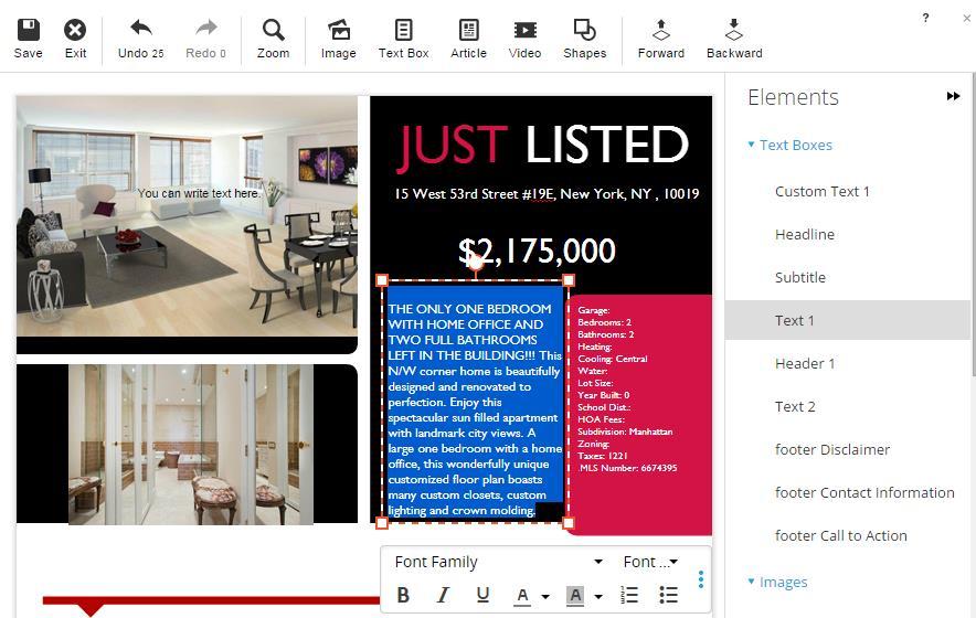 When the Marketing Design Editor opens, you ll see that the listing information will already be added to your