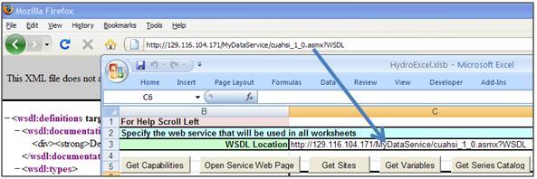 Figure 18 Use the Data Source worksheet to tell HydroExcel which web service to work with 8.