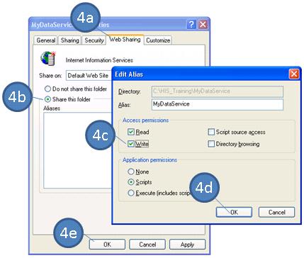 c. In the Edit Alias dialog that opens, click to allow Write access. Click Yes when prompted, Are you sure. d. Click OK on the Edit Alias dialog. e. Click OK on the MyDataService Properties dialog.
