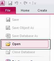 Reopen the Access program and click on the File tab. Then select the Open button.