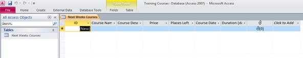 To open the table, called Next Weeks Courses, double click on the table. Your screen will now look like this.